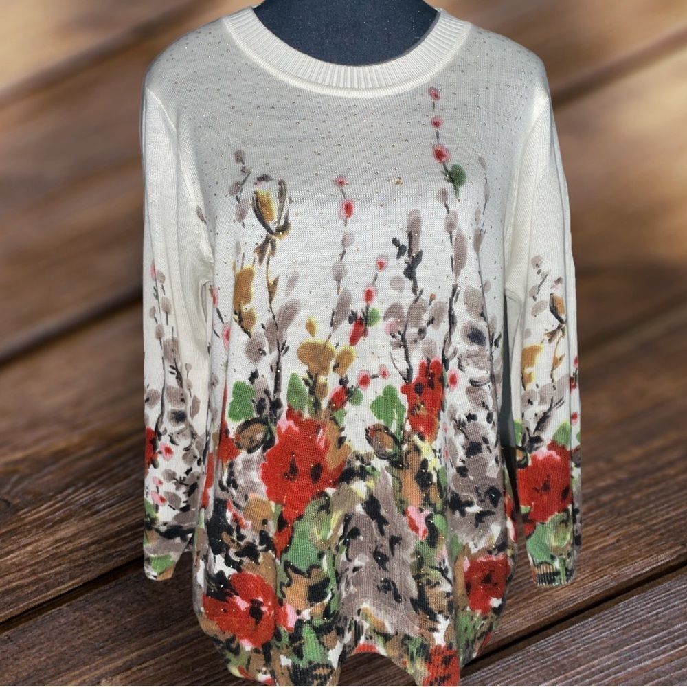 C.D. Petites spring lightweight watercolor floral print sweater